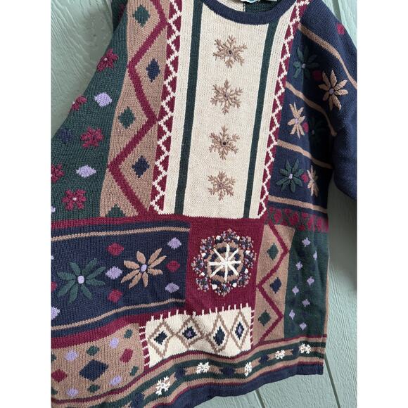 Vintage Tapestry Sweater Women’s LG Patchwork Floral Snowflake Knit - Picture 3 of 6